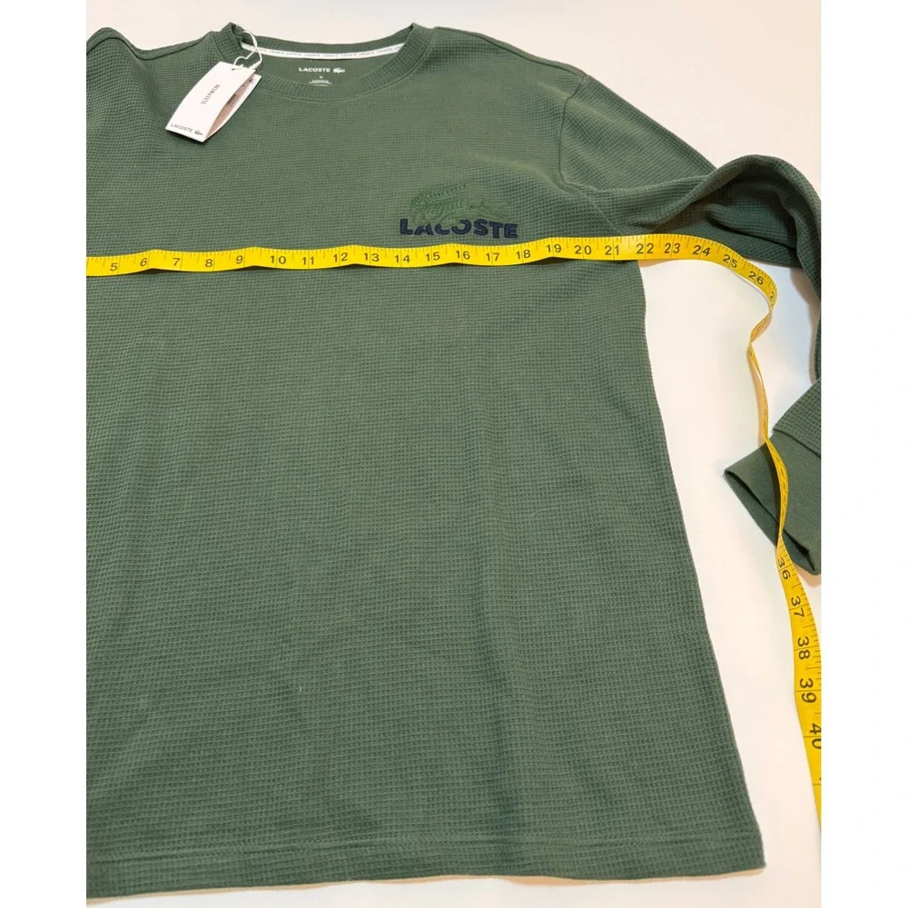 Lacoste Mens Waffle Knit Sleepwear Top Long Sleeve Green Crewneck Size M NWT